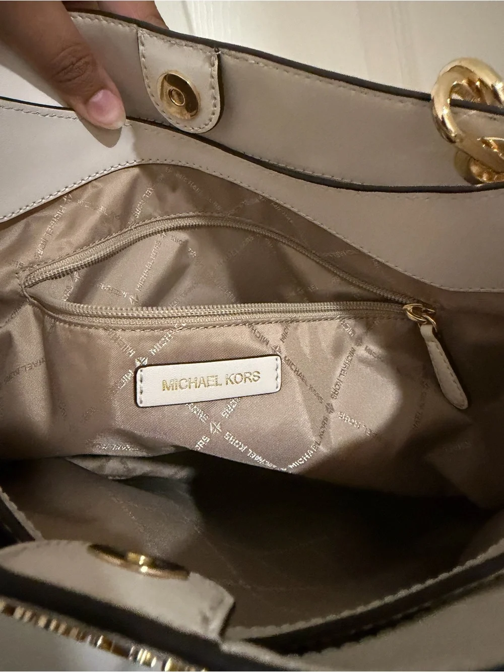 Michael Kors Cream/White MK Logo Tote with Gold Hardware
